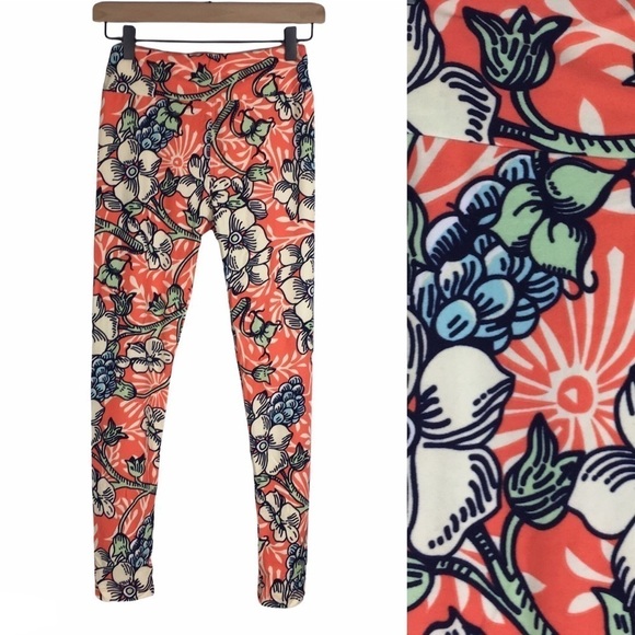 LULAROE Leggings OS One Size Floral Flowers Berries Spring Green Orange Cream - Picture 1 of 9